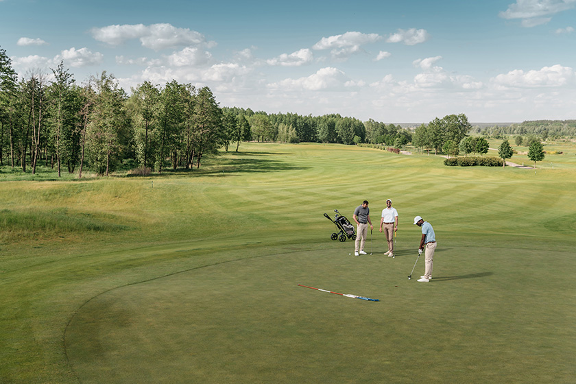 multiethnic group of sportsmen playing golf on green fairway at daytime multiethnic group of sportsmen playing golf on green fairway at daytime