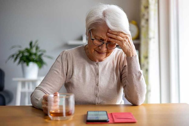 Senior woman feeling pain while consulting doctor on her smart phone Senior woman feeling pain while consulting doctor on her smart phone