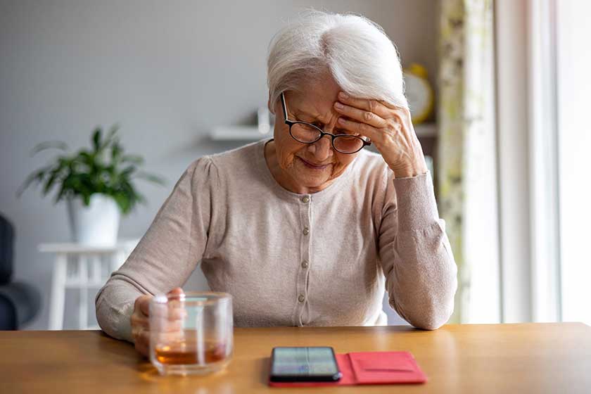 Senior woman feeling pain while consulting doctor on her smart phone