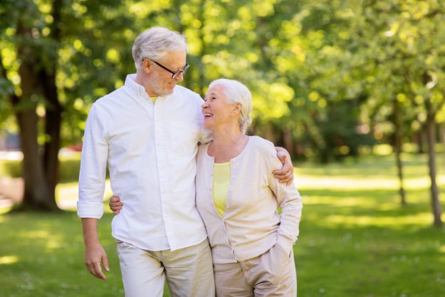happy senior couple hugging at summer park