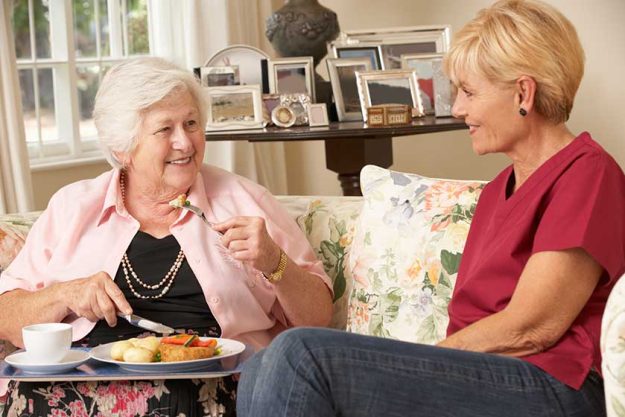 Helper Serving Senior Woman With Meal Helper Serving Senior Woman With Meal