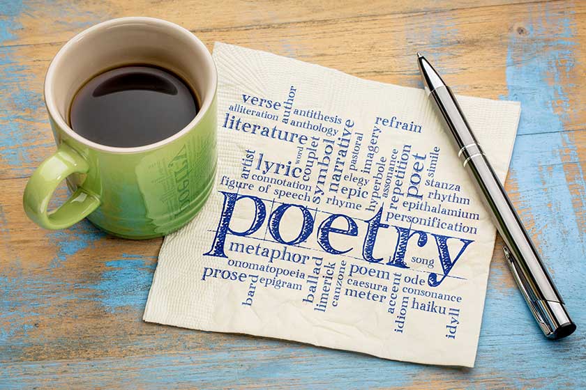 poetry word cloud on napkin with coffee