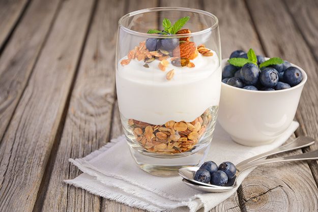 Dessert with homemade granola, yogurt and blueberries Dessert with homemade granola, yogurt and blueberries