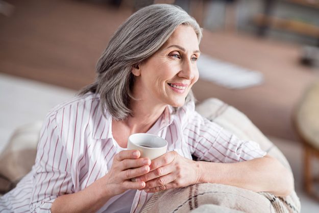 Photo of dreamy happy old woman look imagine smile
