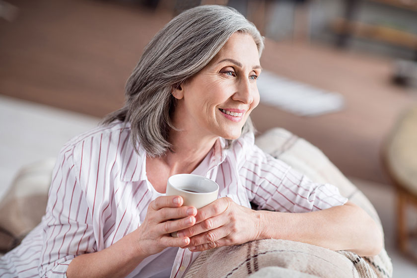 Photo of dreamy happy old woman look imagine smile