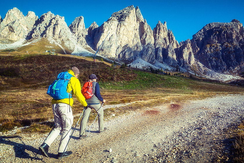 travelers hiking breathtaking landscape dolomites mounatins