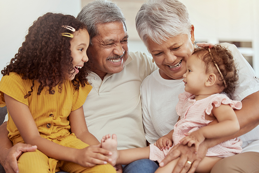 Home, grandparents and family with children