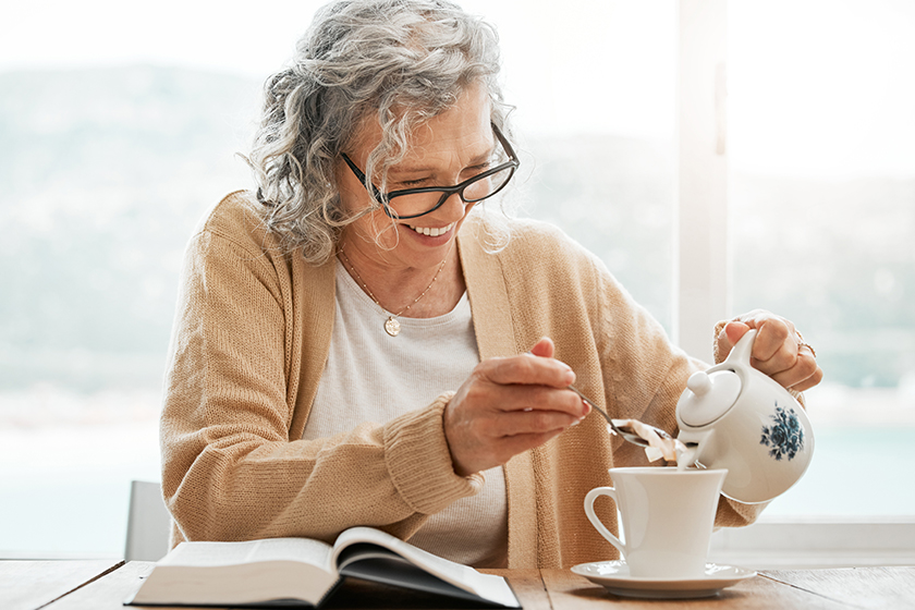 Reading book, tea or funny old woman with smile