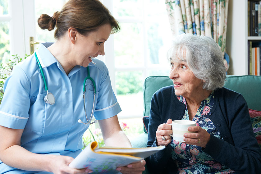 Nurse discussing medical notes with senior woman at home