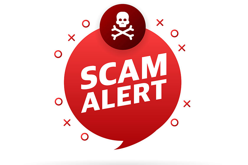 Scam alert warning sign badge on white background