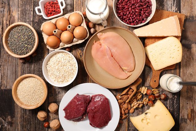 close view selection protein food wooden table