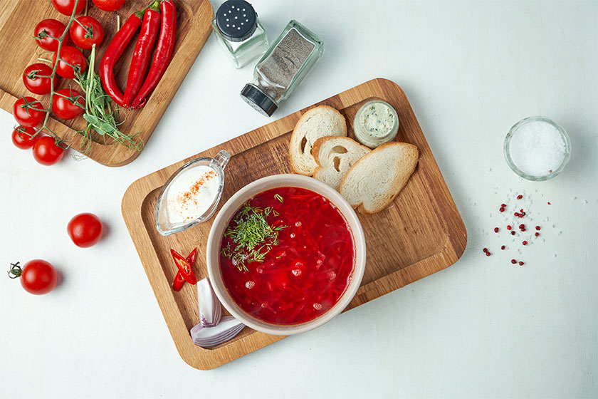 composition classic ukrainian borsch sour cream onions lard wooden tray