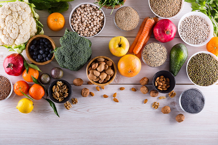 top view of selected healthy and clean foods