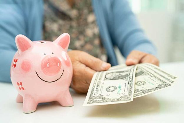 asian elderly woman holding dollar banknotes pink piggy bank saving asian elderly woman holding dollar banknotes pink piggy bank saving