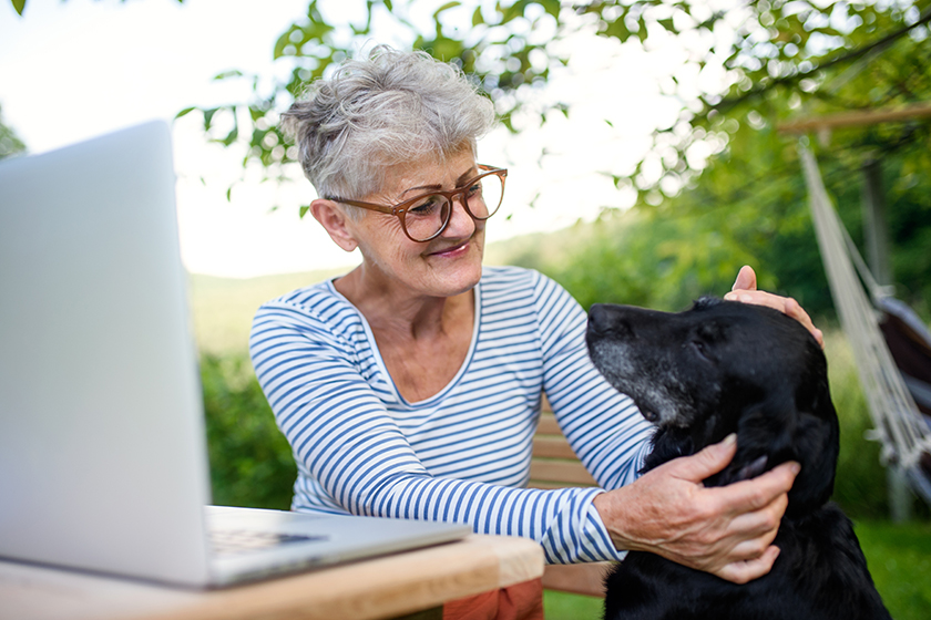 senior woman with laptop and dog working at the table outdoors in garden home office