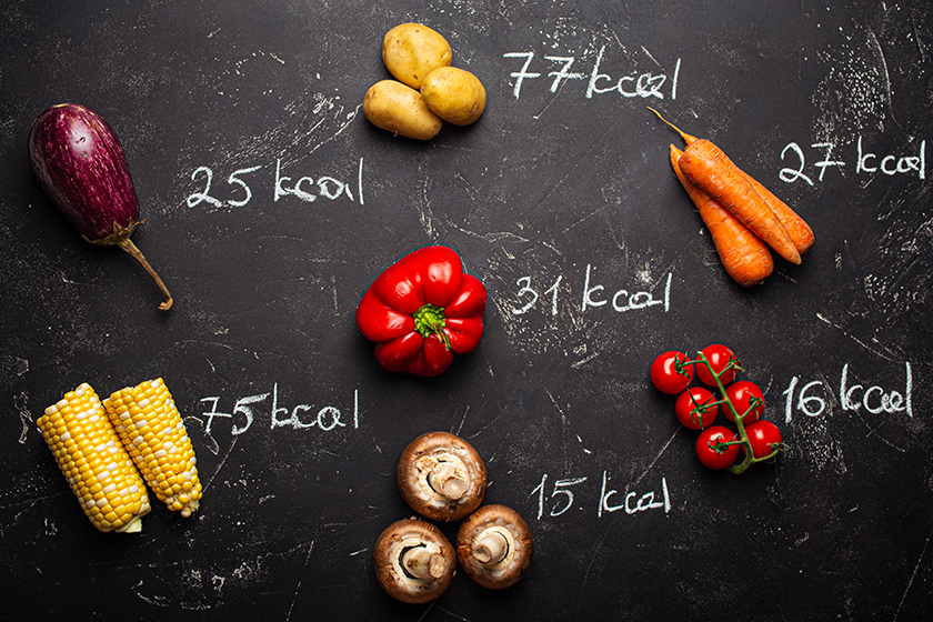 vegetables and calorie counting top view