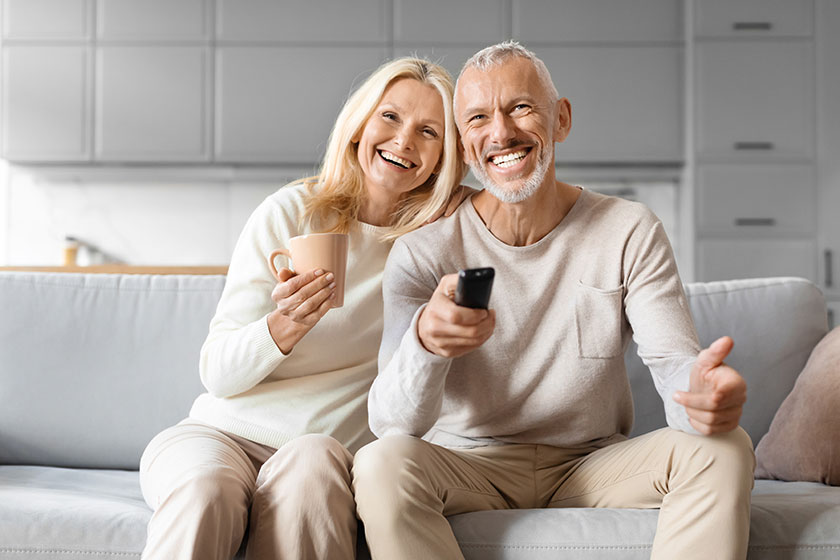 cheerful relaxed senior man woman watching drinking coffee home happy
