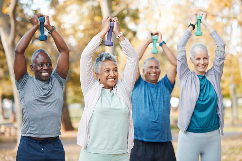fitness weights senior people park healthy body wellness active workout