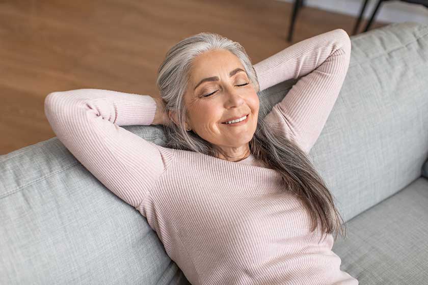 cheerful caucasian senior gray haired lady closed eyes resting sofa cheerful caucasian senior gray haired lady closed eyes resting sofa