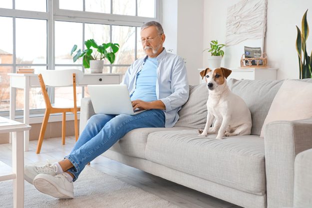 Mature man using laptop cute jack russell terrier home