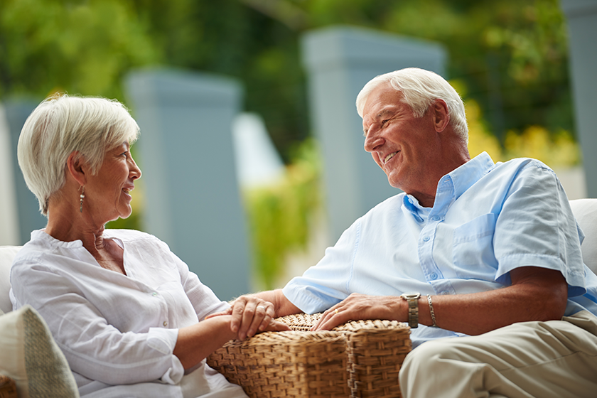 enjoying happy retirement together senior couple having conversation