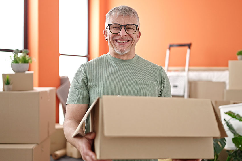 Middle age grey haired man smiling confident holding package new
