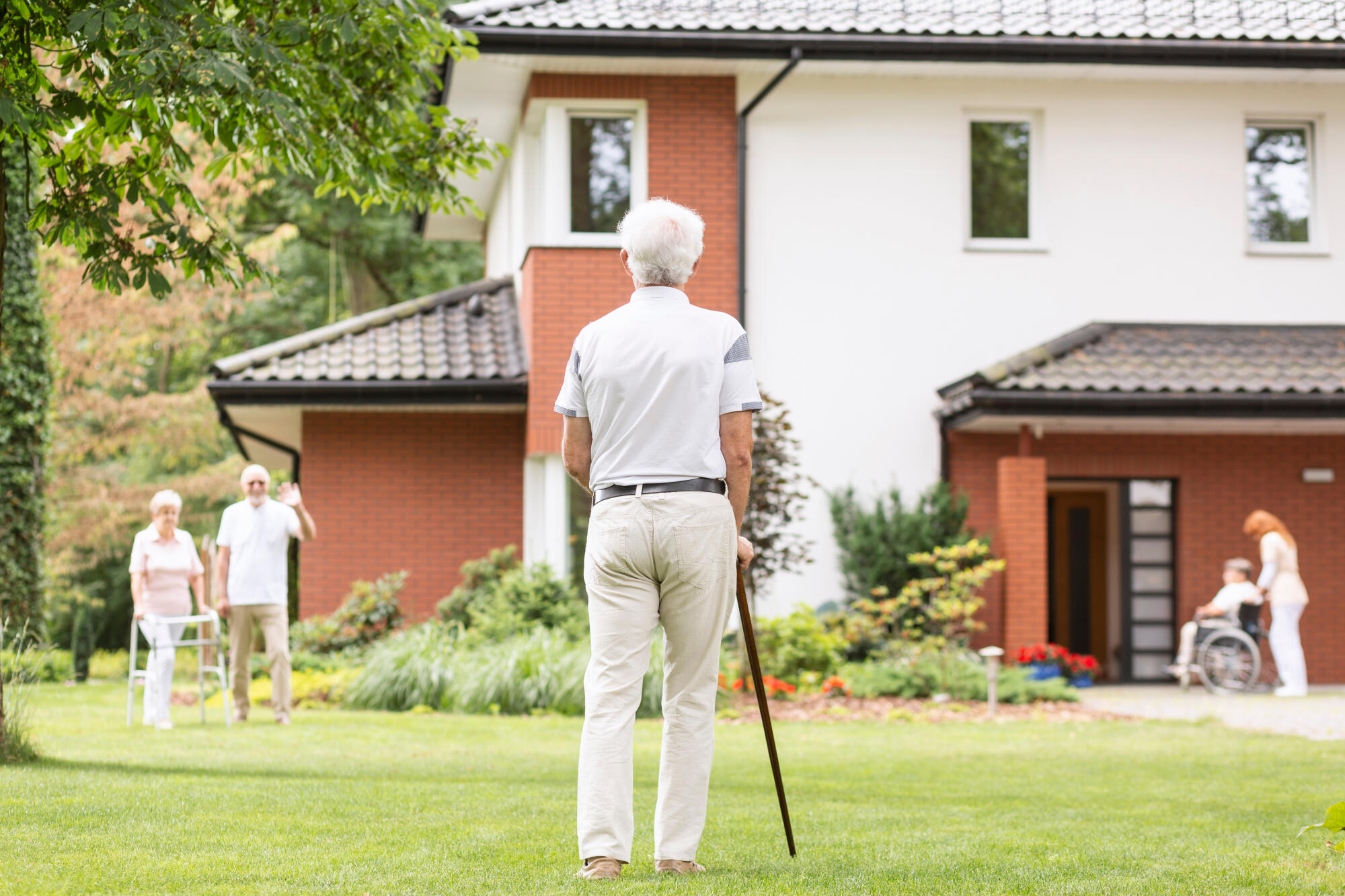 A,Back,Of,A,Gray haired,Senior,Man,With,A,Cane