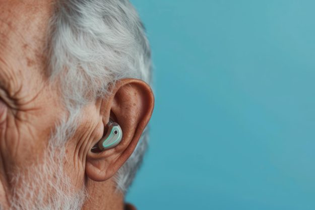 Ear of an elderly person with hearing aid on blue background