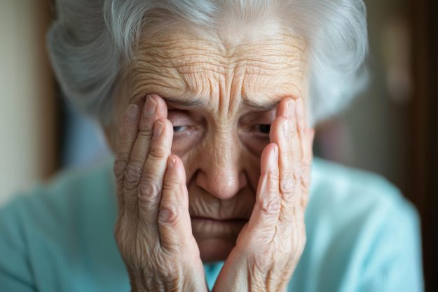 Elderly woman expresses deep emotional distress while sitting indoors in soft lighting during a quiet afternoon Elderly woman expresses deep emotional distress while sitting indoors in soft lighting during a quiet afternoon