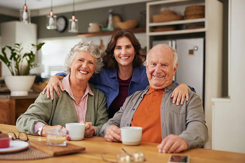 portrait old satisfied father joyful proud mother