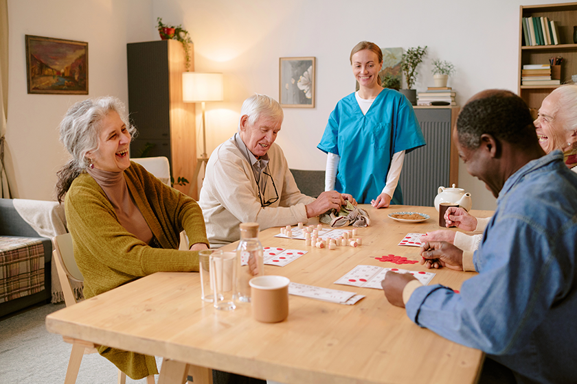 wide shot young nurse checking residents